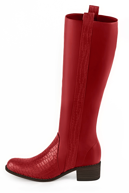 Scarlet red women's riding knee-high boots. Round toe. Low leather soles. Made to measure. Profile view - Florence KOOIJMAN